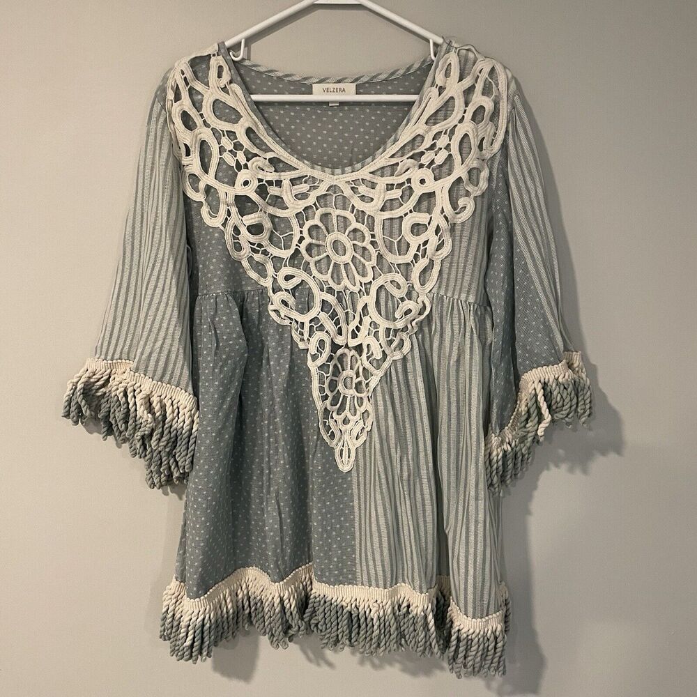 Velzera Chunky Fringe Tunic Top Sz S Sage Green Polka Dot Stripe Sheer Crochet